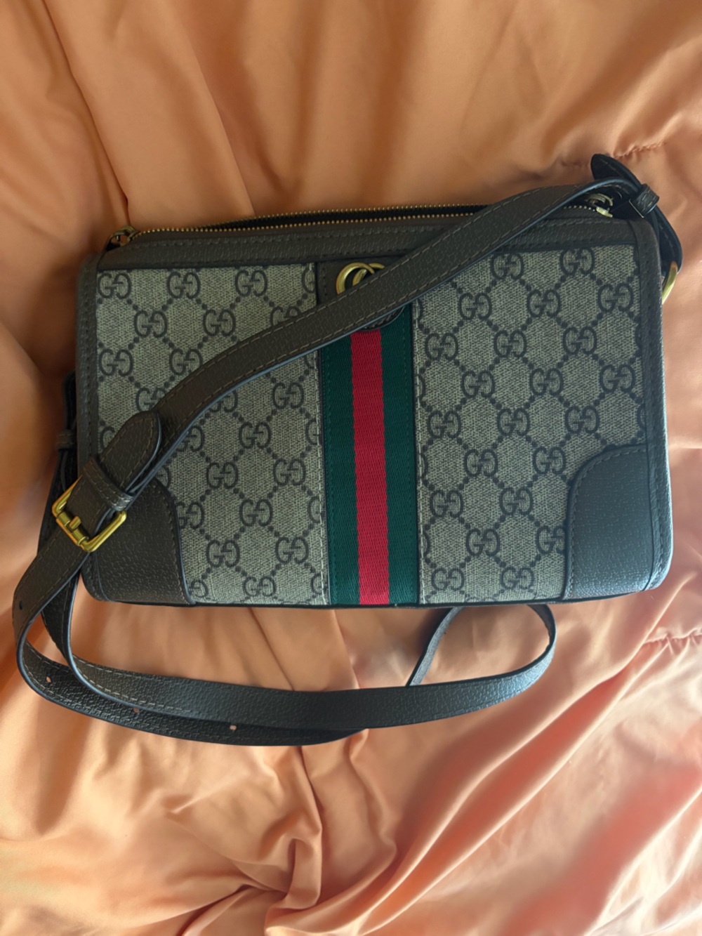 Brown Elegant Vintage Supreme Style Convertible Bag with Green & Red Web